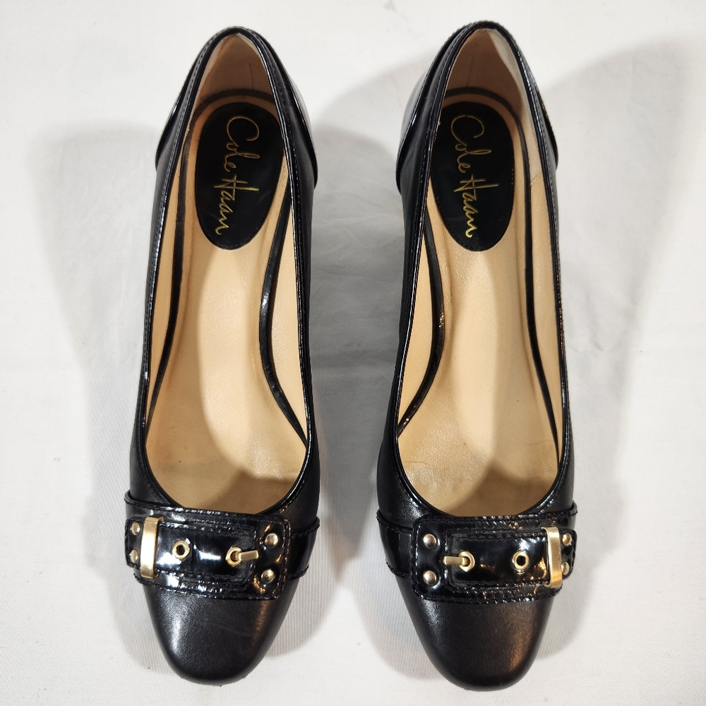 Cole Haan Liana Black Heel Gold Buckle Classic Size 7.5